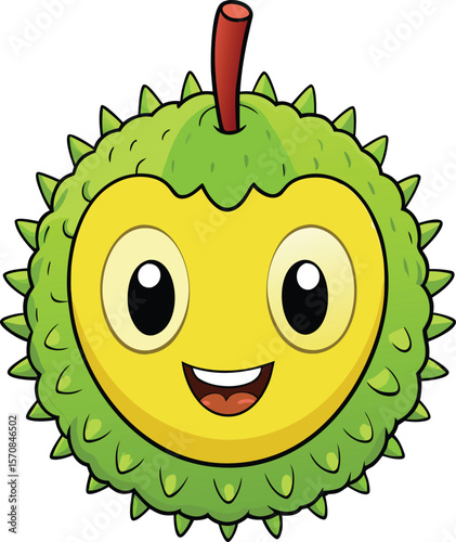A cheerful cartoon durian character with a bright yellow face and green spiky skin smiling widely