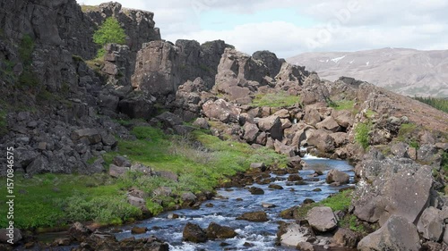 Mountain river, nature background, volcanic mountain valley, Iceland river view, northern rocky terrain, beautiful view of the Iceland nature.