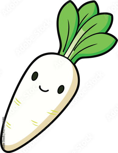Cute cartoon white radish with a happy face and green leaves isolated on white background