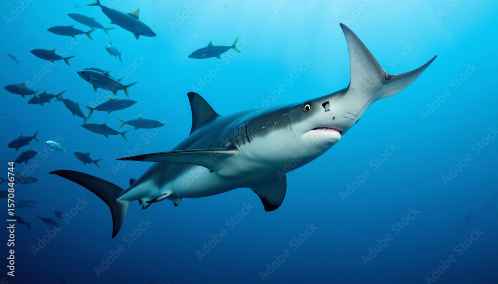 Fototapeta premium Shark swimming in clear blue ocean with school of fish nearby