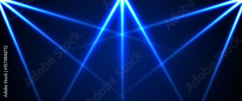 Laser light show. Bright led laser beams, dj light party. Illuminated blue stage, led strobe lights, smoke. Vector illustration