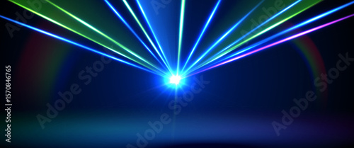 Laser light show. Bright led laser beams, dj light party. Illuminated blue stage, led strobe lights, smoke. Vector illustration