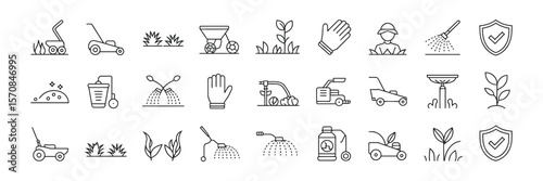Lawn Care Outline Icons Set, Gardening Equipment with Grass, Sprinkler and Lawnmower