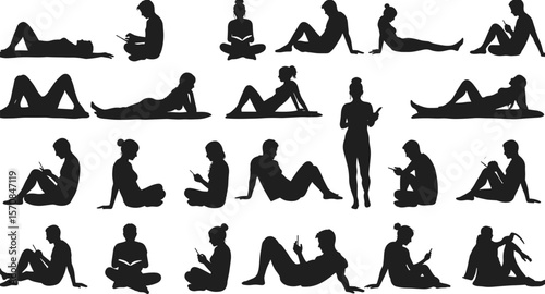 Large collection of black vector silhouettes featuring people sitting, relaxing, reading books, and using mobile phones or tablets, isolated on white background for design.