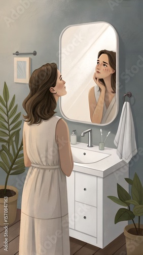 Woman looking at herself in bathroom mirror with plants nearby  