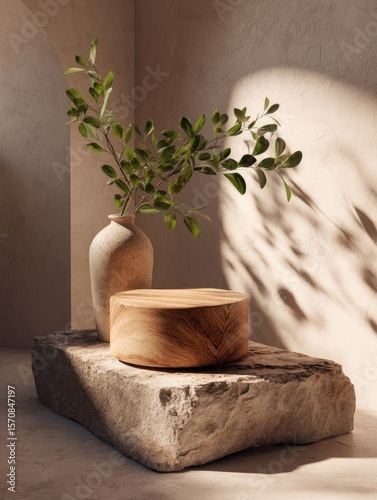 Sunlit minimalist scene a wooden disc sits atop a rough stone base, next to a cream vase holding delicate green branches.  The setting is bathed in warm, diffused light casting shadows on a tan wall