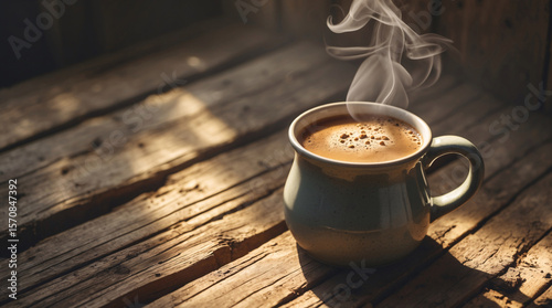 sunlight shining on brown coffee cup steam rustic wood table hot beverage cozy morning peaceful vibe aesthetic vibe wallpaper background