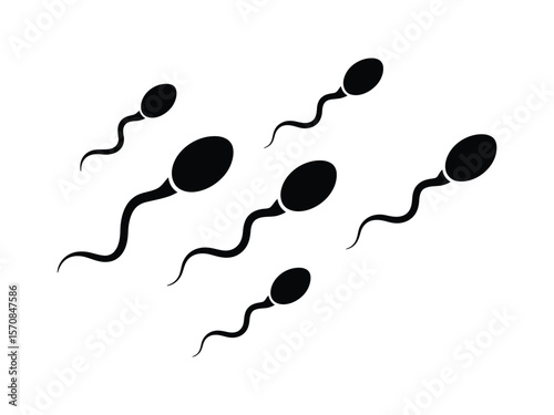A simple black and white illustration of five sperm cells swimming diagonally across the frame from bottom right to top left