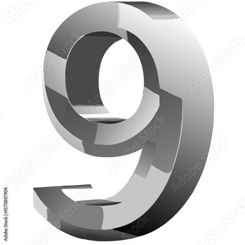 3D Metallic Chrome Number 9 Vector Isolated on White Background – Bold Industrial Design