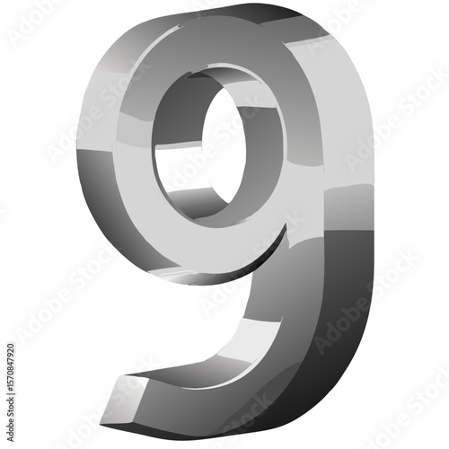 3D Metallic Chrome Number 9 Vector Isolated on White Background – Bold Industrial Design