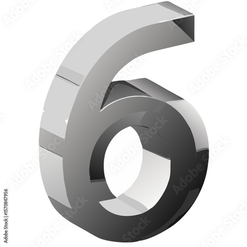 3D Metallic Chrome Number 6 Vector Isolated on White Background – Bold Industrial Design