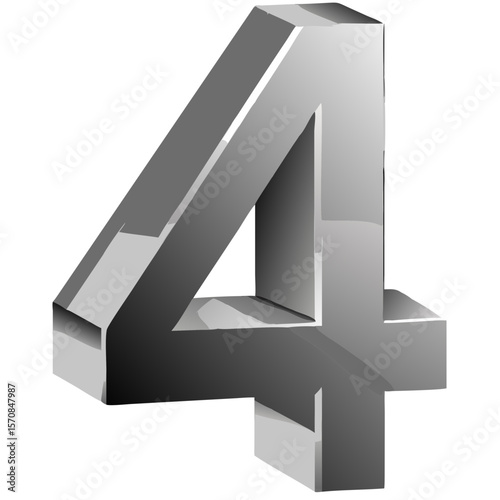 3D Metallic Chrome Number 4 Vector Isolated on White Background – Bold Industrial Design