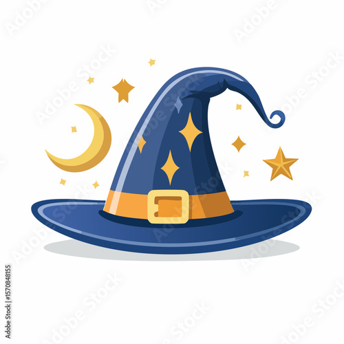 A charming witch hat graphic with sparkling stars and a crescent moon, perfect for Halloween celebrations or magical themes.