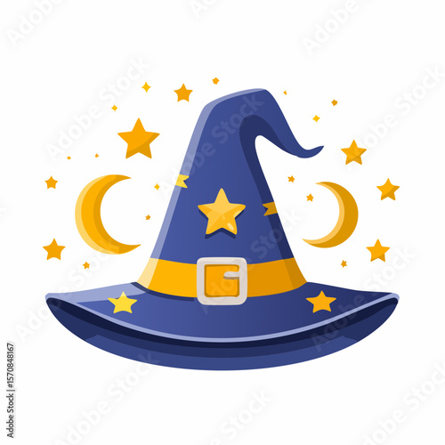 Enchanting witch hat with moon and stars provides magical element for Halloween themed design or spooky celebrations with charming style.