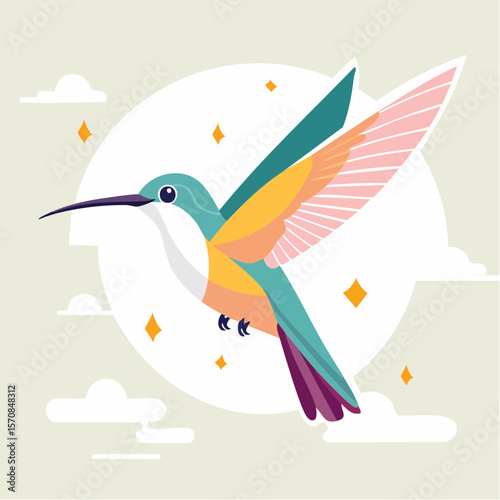 A colorful hummingbird soars against a moonlit sky, perfect for nature-themed graphics, brand assets, or decorative design elements.