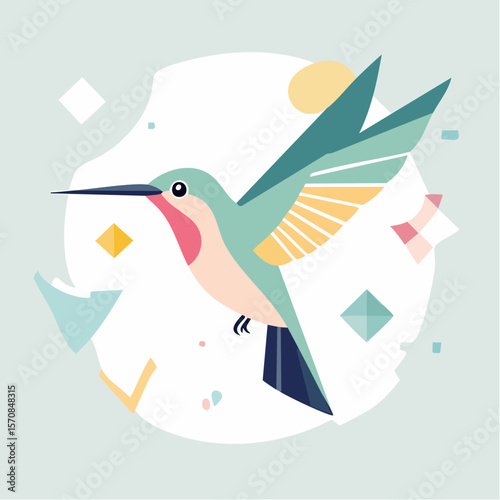 A colorful hummingbird flies with geometric shapes in the background, suitable for design, print, logos or artistic compositions.