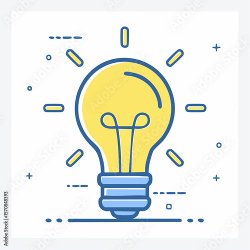 A lightbulb design with radiating lines conveys concepts like ideas, innovation, and solutions in a clean, modern graphic style.