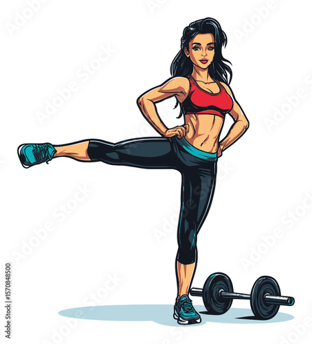 Energetic Athletic Woman Performing Leg Exercise with Dumbbell Vector Art