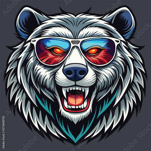 Fierce polar bear wearing cool sunglasses with fiery eyes and open mouth silhouette