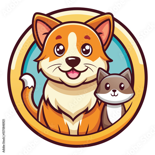 Cute corgi and fox friends together in a circle silhouette