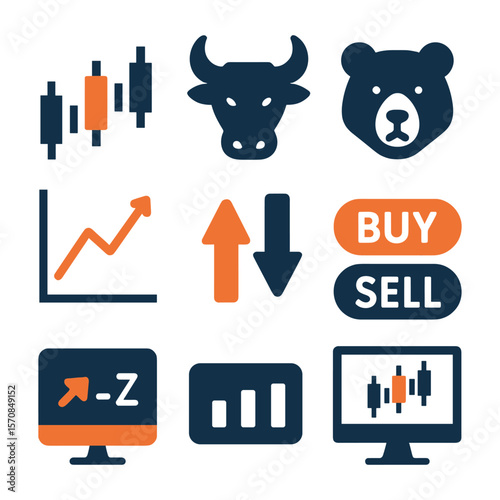 Finance and trading icon set with bull and bear symbols, candlestick chart, buy and sell buttons, and stock market graphs. Perfect for investment platforms and economic analytics