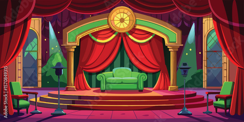 Opulent stage with green seating and red curtains theater