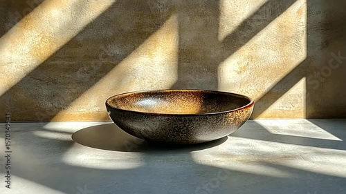 Dramatic sunlight casts shadows behind a textured bowl on a sleek surface presentation