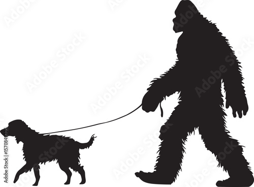Bigfoot Walking a Dog on a Leash Silhouette Vector Illustration on Transparent Background