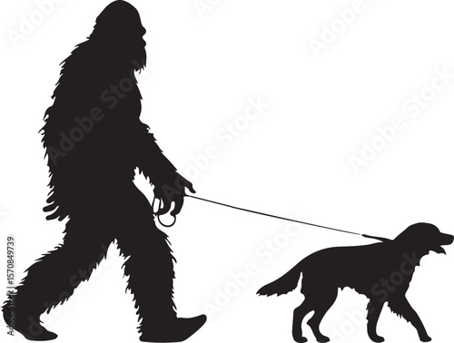 Bigfoot Walking a Dog on a Leash Silhouette Vector Illustration on Transparent Background
