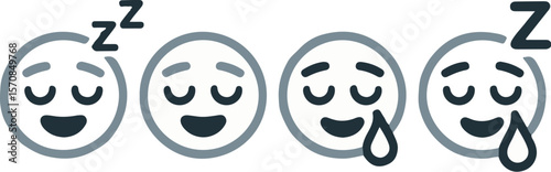 Vector art of four cute sleeping emojis isolated on white background