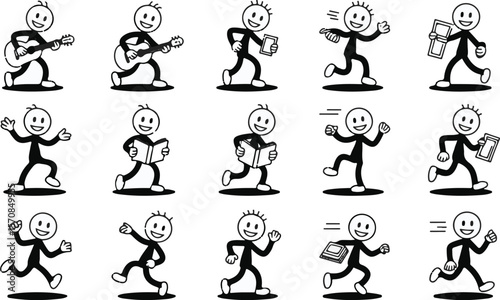 Vector art of collection of stick figures performing various activities