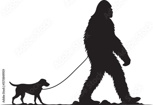 Bigfoot Walking a Dog on a Leash Silhouette Vector Illustration on Transparent Background