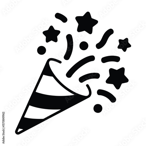 A simple black and white line art illustration of a party popper or confetti cannon