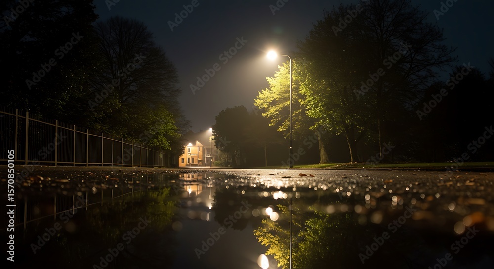 Naklejka premium Street Lamp Reflecting on Wet Pavement at Night