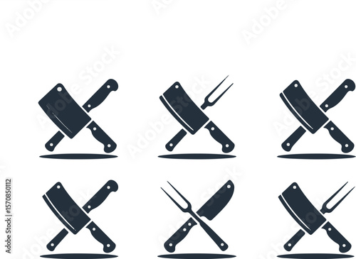 Vector art of set of crossed knives and forks isolated on white background