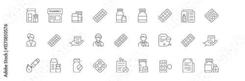 Pharmacy Icon Set, Medical Pills, Doctor, Hand Holding, Isolated on Transparent Background