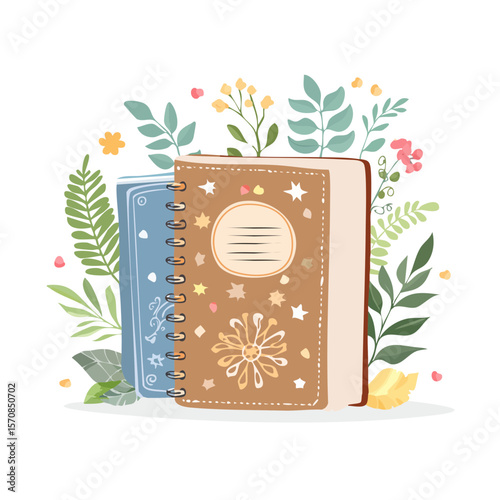 Notebooks and Foliage Illustration