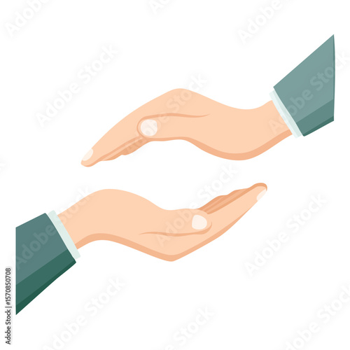 Vector illustration of two hands supporting something above a green and pink background.