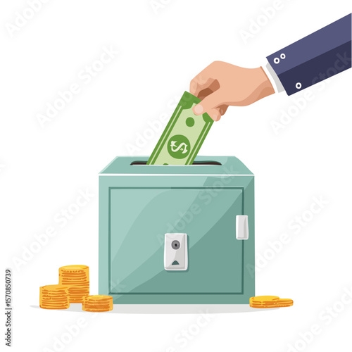 Hand depositing money in a safe, representing savings and investment.