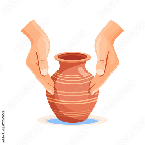 Hands delicately holding a pottery vase, illustration of pottery making