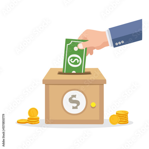 Donation Box Illustration: Hand Inserting Money for Charitable Giving
