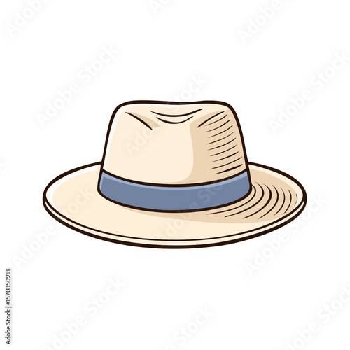 Cartoon Illustration of a Tan Fedora Hat with Blue Band on Black Background