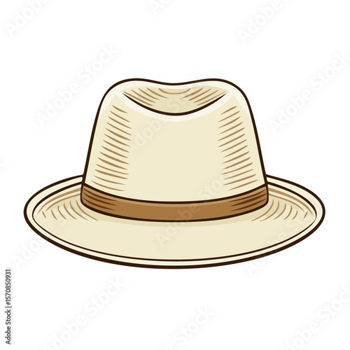 Stylish Panama hat illustration with a brown band, on a black background, showcasing a classic design in a vintage style.