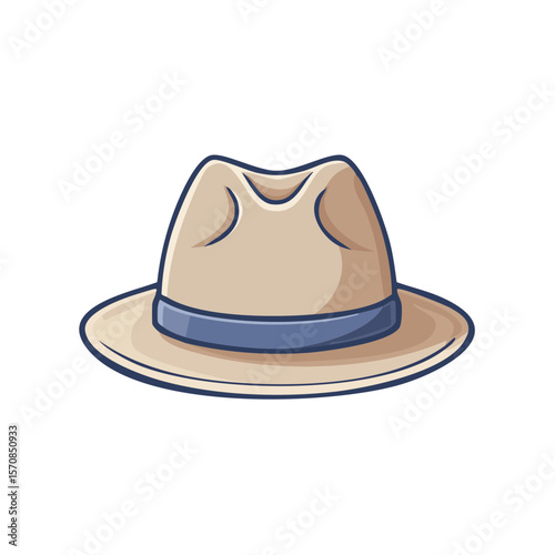 Cartoon beige fedora hat with blue band and brim on a black background.
