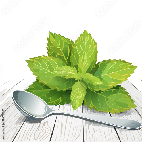 Mint sprig with a silver spoon on white wood table illustration.