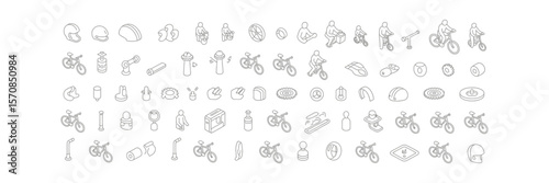 Seamless pattern gray line icons of cycling, bicycle parts on white background