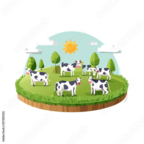 Cows Grazing in a Sunny Meadow Illustration