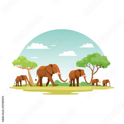 African Elephant Family Trekking Across the Savannah