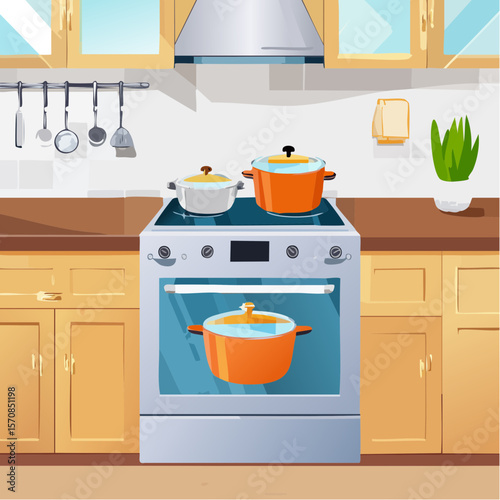 Stylized Illustration of a Kitchen Interior with Stove and Pots