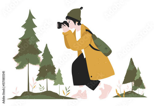 Young Person Taking Photos in Nature with Trees and Camera Illustration